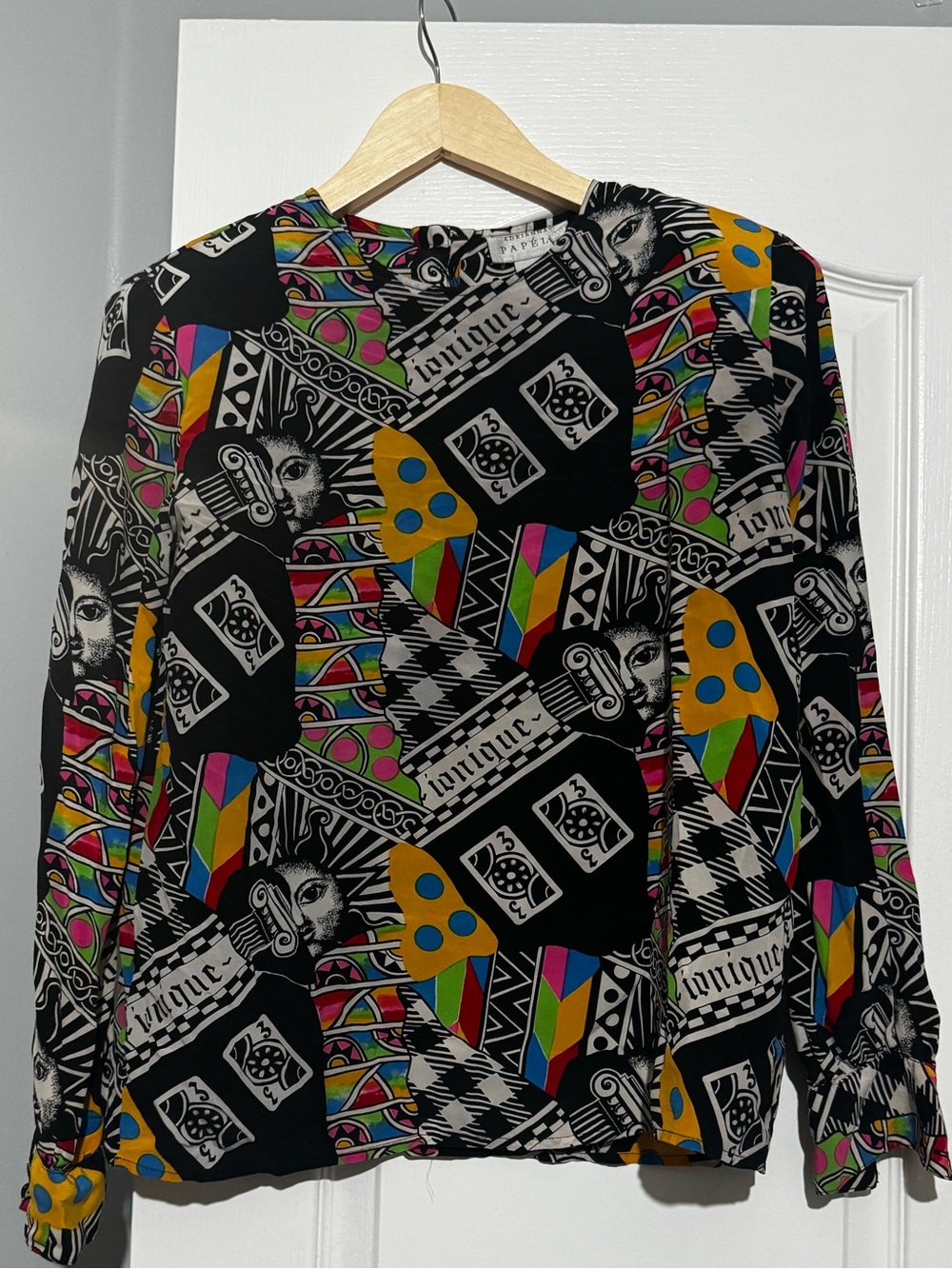 Women's Vintage 80s 100% Silk Black Geometric Print Long Sleeve Top